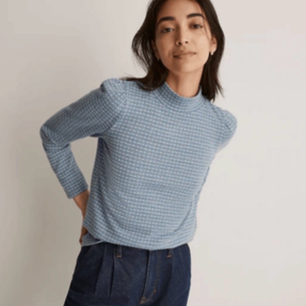 Madewell Jacquard Sleeve Mockneck Shirt / Tranquil Lake